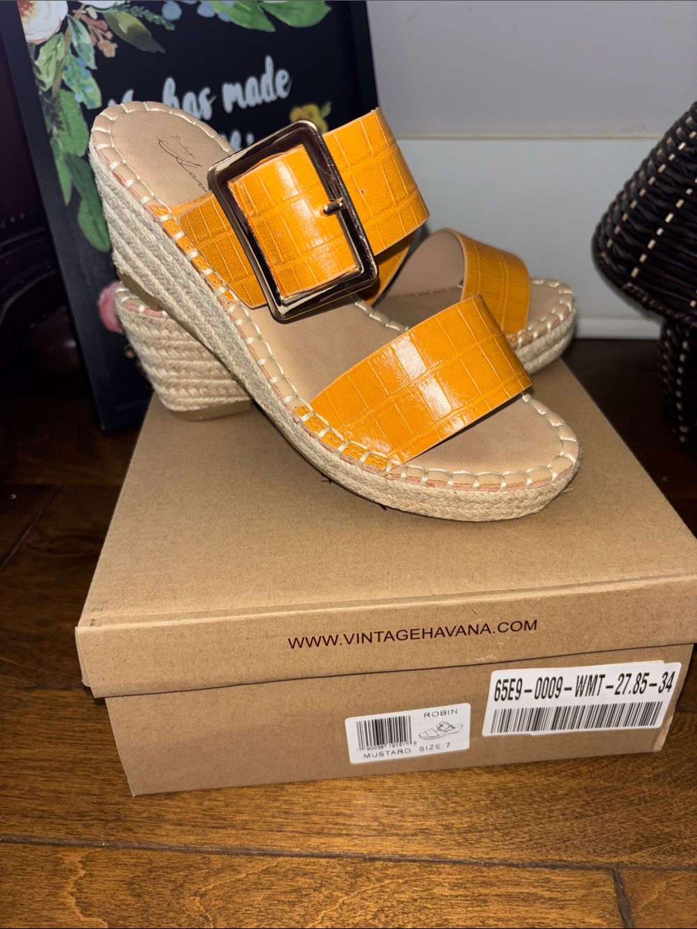 Vintage Havana ROBIN Wedge Sandal in Mustard Croc with Buckle